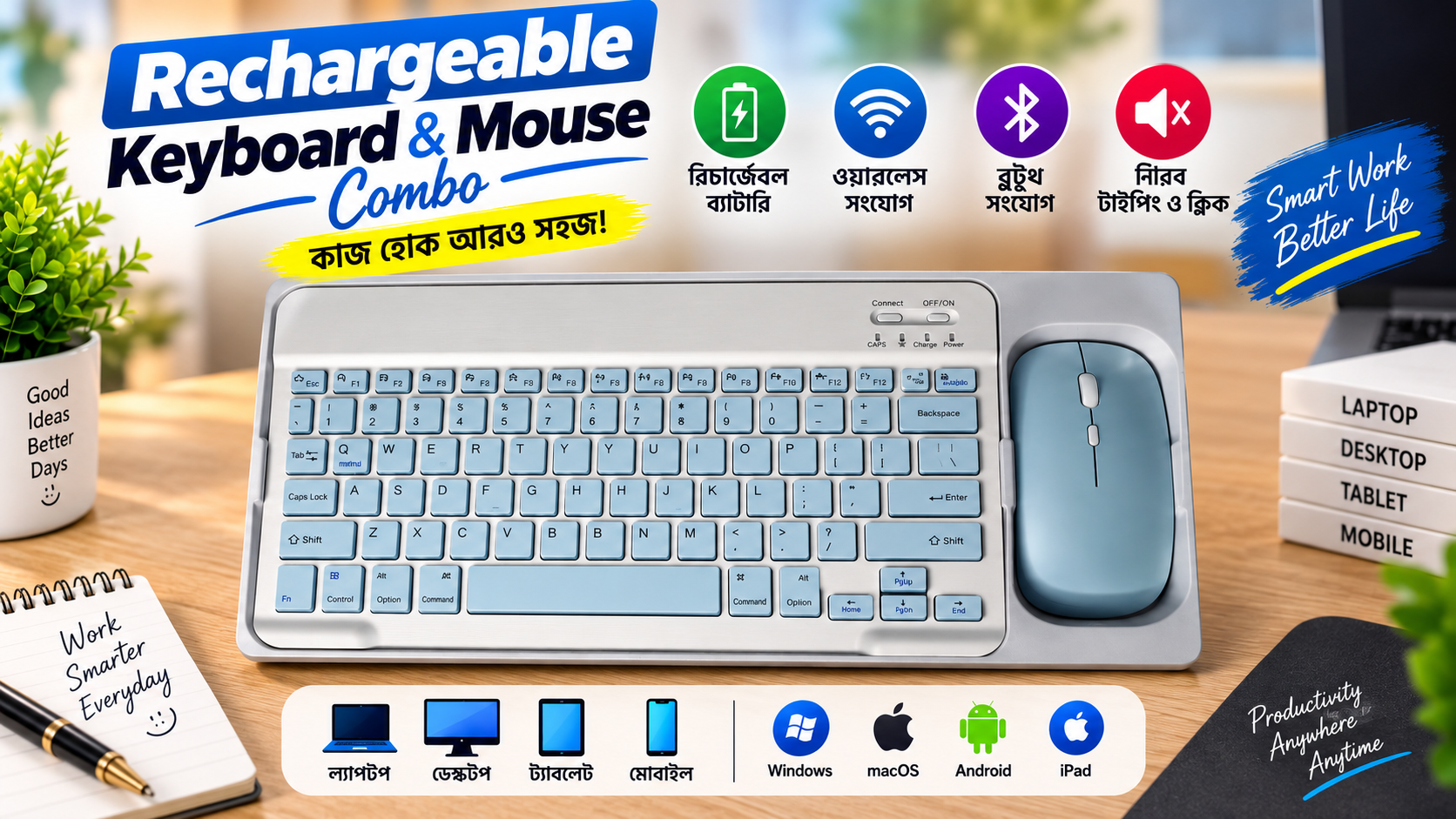 Portable wireless bluetooth keyboard and mouse set for iPad and mobile showing bluetooth keyboard mouse price in bd