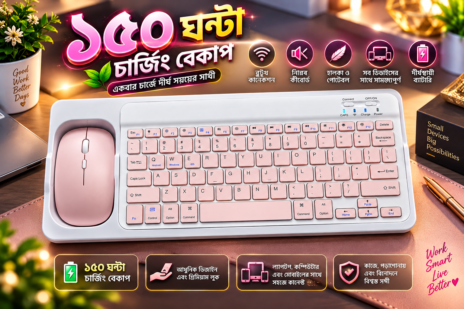 Vibrant color variations of bluetooth keyboard mouse set including black white pink and green