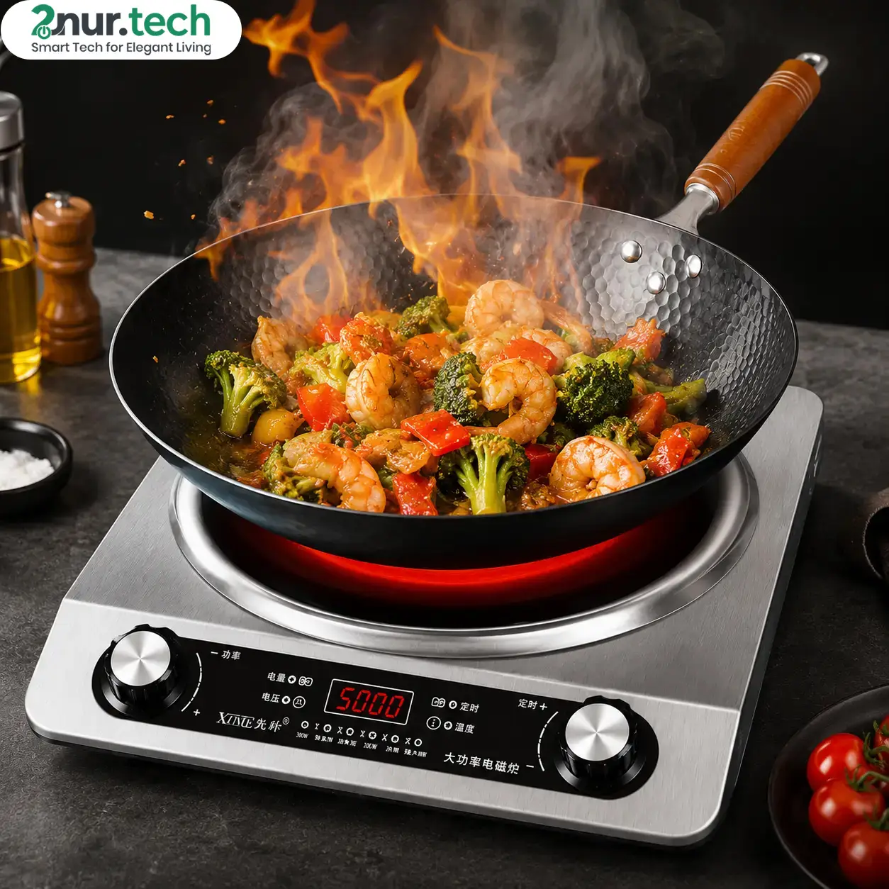 Modern electric induction cooker with wok pan for fast cooking in Bangladesh kitchen.