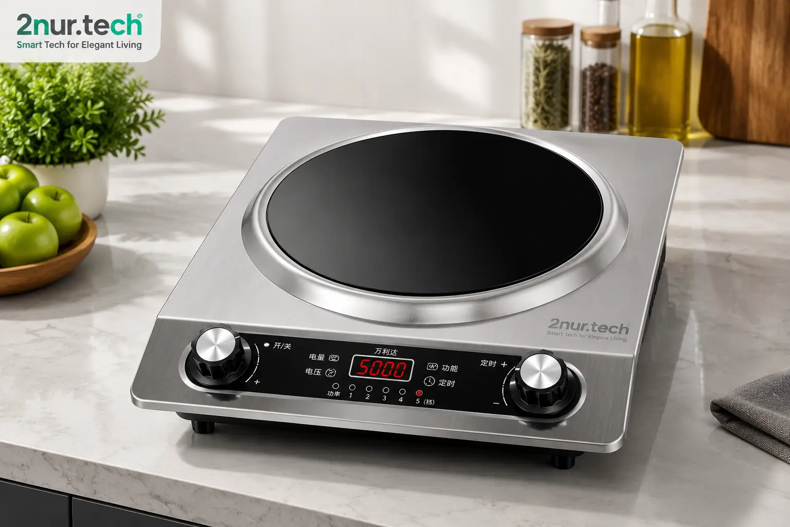 Energy-efficient induction cooker with wok pan cooking delicious food on an electric cooktop.